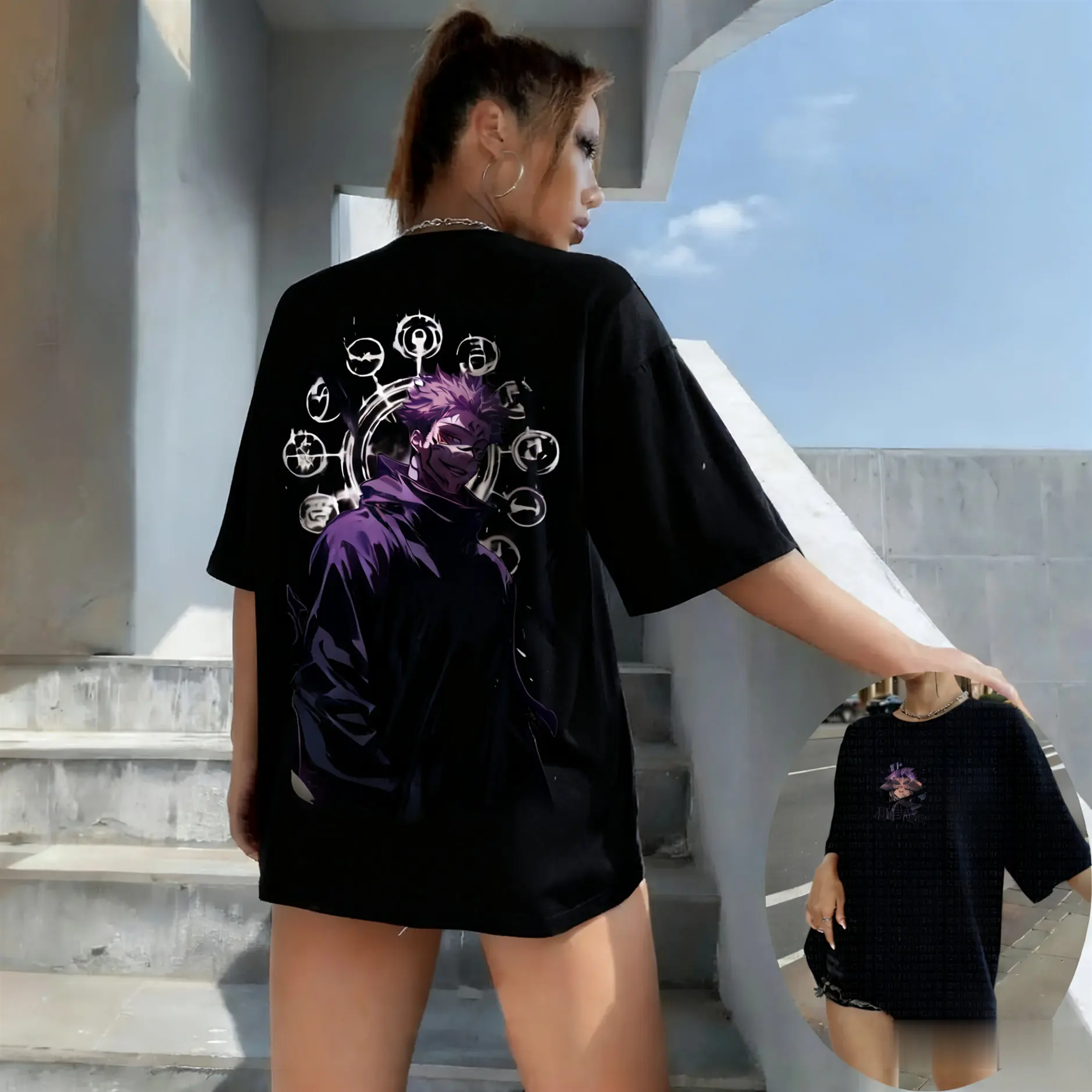 Jujutsu Kaisen Yuji Itadori Trend Rundhalsausschnitt Damen Eltern-Kind-Qualität Kurzarm-T-Shirt Sommer Übergroßes lockeres Sport-Top