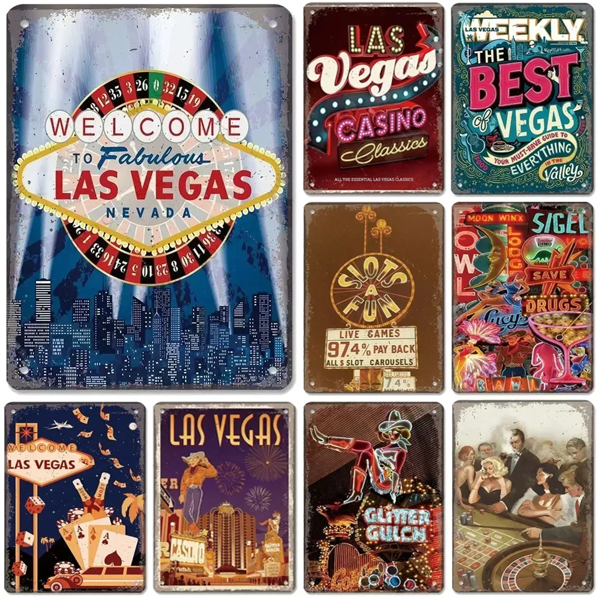 Tin Painting Las Vegas Plaque Signs Posters for Man Cave Home Cafe Game Club Bar Metal Tin Poster Wall Decor Wall Plate Pendant