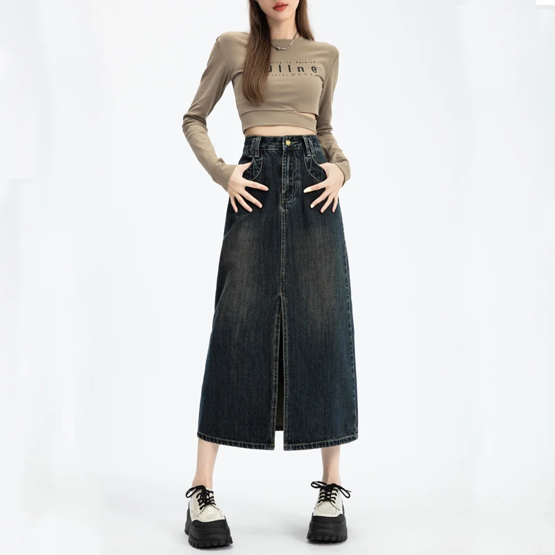 

Винтажная синяя женская джинсовая юбка с высокой талией, весенне-осенняя джинсовая юбка средней длины с разрезом спереди, женская юбка на бедрах с запахом Y2K
