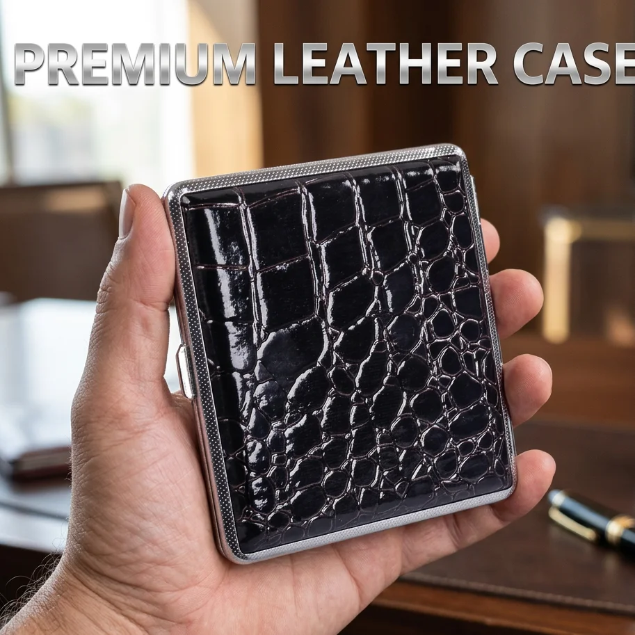 Crocodile-Pattern Leather Cigarette Case,Portable Metal Holds 20 Cigarettes Smoking Box Hoder Container , Smoking Accessories