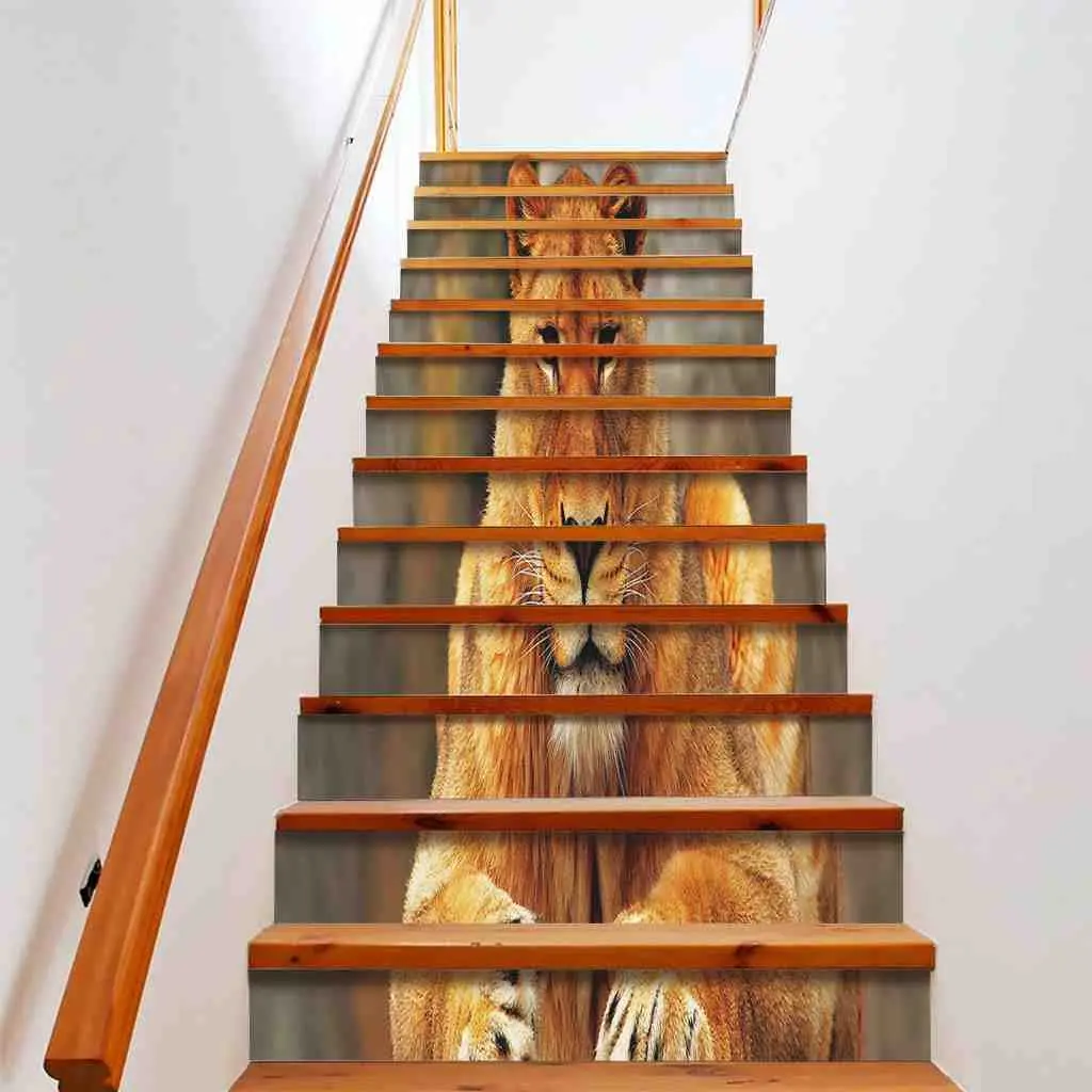 Lion Stair Stickers Watercolor Animal Stair Risers Decals Wildlife Staircase Murals Stickers for Home Steps Decor Self-Adhesive