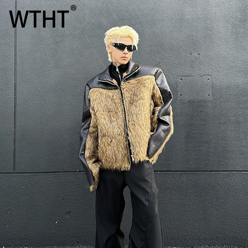 WTHT Fashion Men's Thicken Loose Leather Soliced Faux Fur Coats Trendy High Street Contrast Color Jacket Male 2026 Spring 2A2792