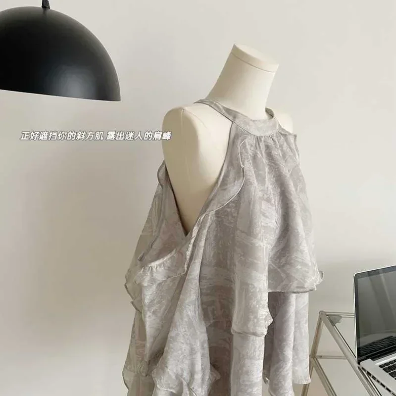 Kimotimo New Halter Off Shoulder Print Blouse Long Sleeve Ruffled Lazy Chiffon Ladies Tops Korean Gentle Loose Beach Shirts