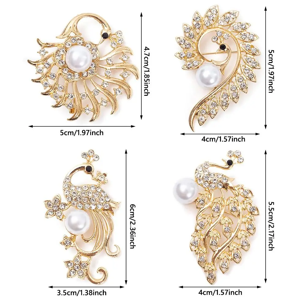 Стильная брошь со стразами и жемчугом в виде павлина, элегантная ювелирная клипса из сплава, модное украшение для значка для женщин, 4 шт.