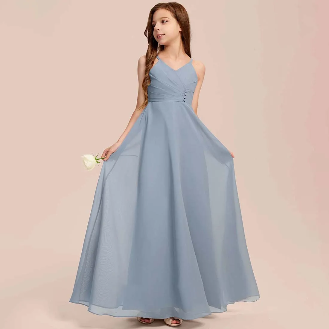 YZYmanualroom Chiffon Junior Bridesmaid Dress A-line V-Neck Floor-Length 2-15T