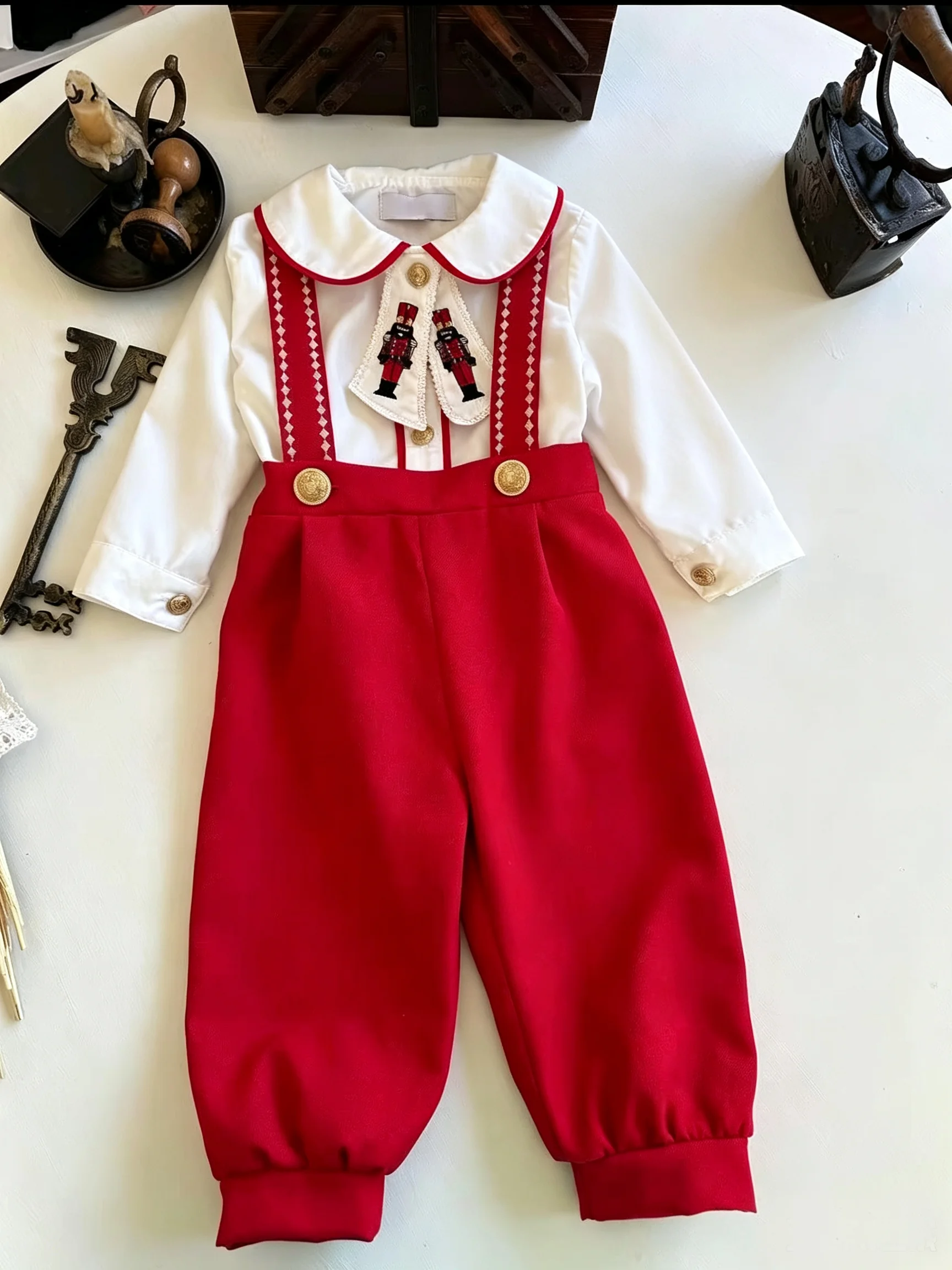 0-6Y Baby Boy Autumn Winter Nutcracker Embroidery Red Outfit Suit for Party Birthday Holiday Photography Christmas C129