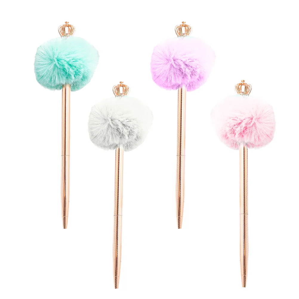 4 Pcs Crown Hair Ball Pen Cartoon Pompom Sign for Students Fuzzy Writing Kawaii Pens Plush Decor Smooth Ballpoint