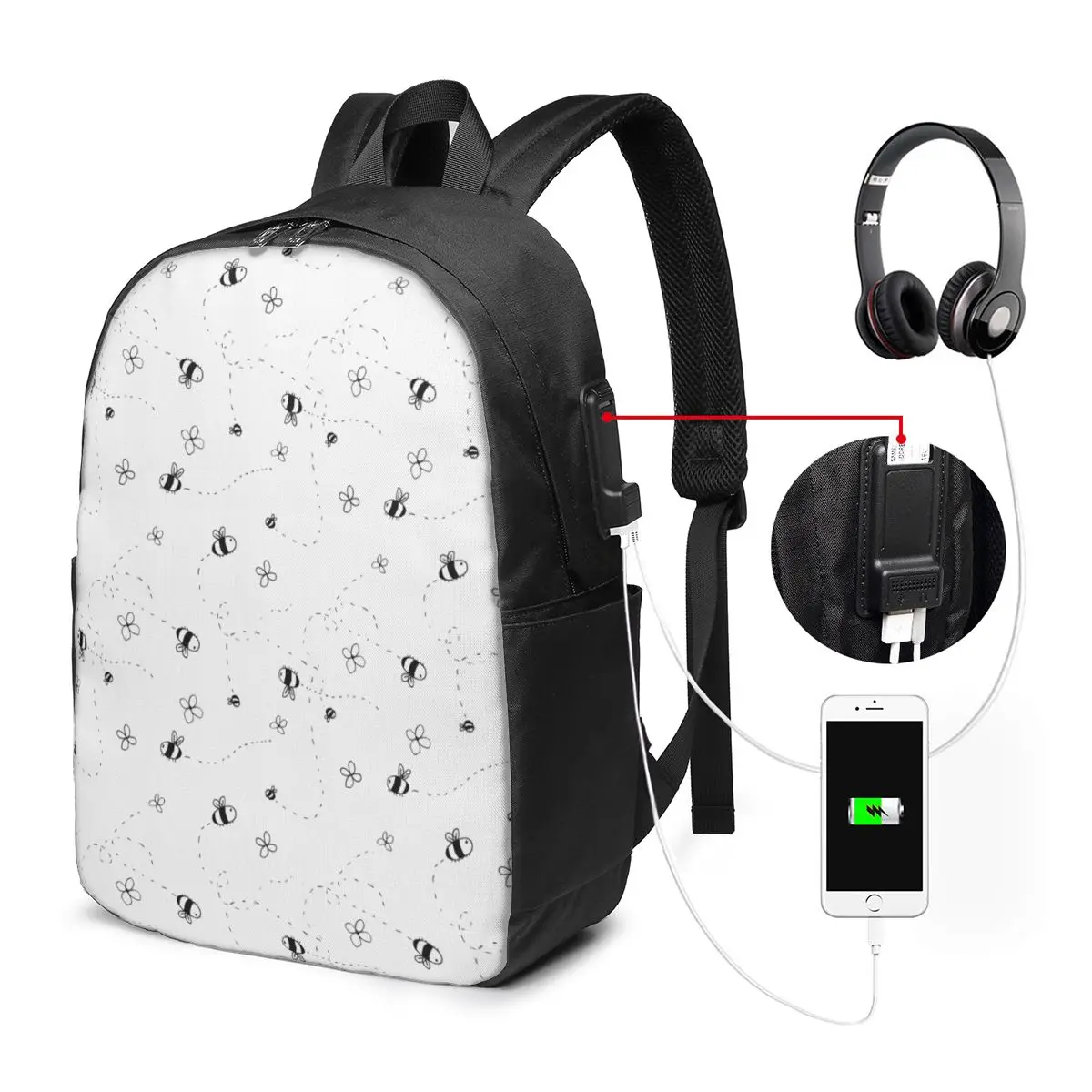 Bees And Flight Trajectory Pattern Backpack Travel Notebook Bag Computer College Student School Bag Laptop Shoulder Bags