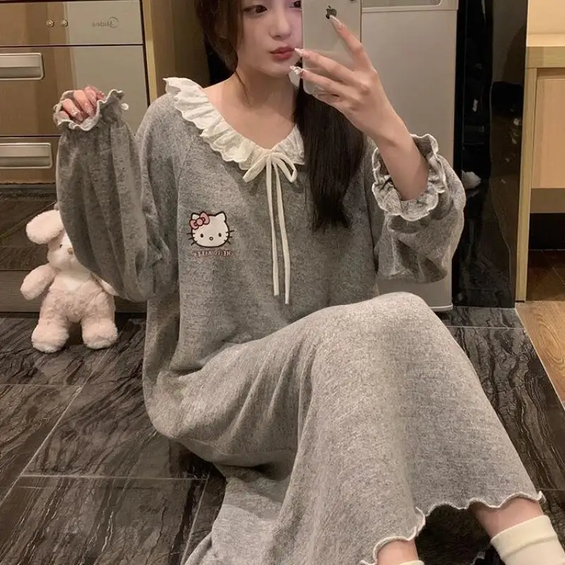 

Sanrio Cute Night Skirt Hello Kitty Night Skirt Long Sleeves Stripe Pajamas Female Autumn Loose Style Home Clothing Night Skirt
