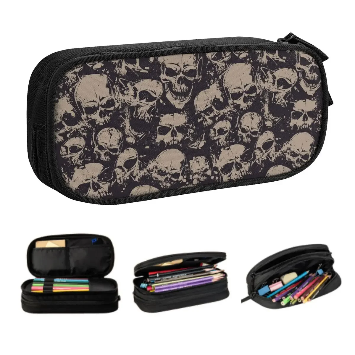 Custom Korean Horror Skeleton Gothic Death Skull Pencil Case for Girls Boys Large Storage Pen Bag Box Stationery
