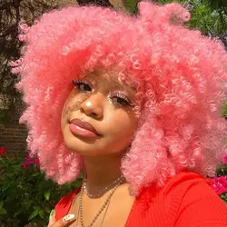 WIGERA Synthetic Afro Pink Curly Wig With Bangs For Black Women Heat Resistant Hair For African American Halloween Party Cosplay