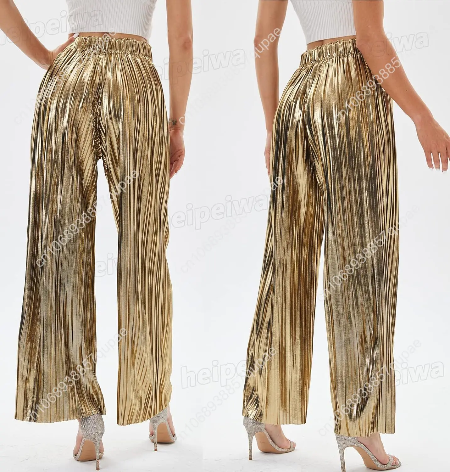 

heipeiwa Women's Shiny Pleated Wide Leg Pants Party Nightout High Elastic Waist Trouser Outfit Clubwear