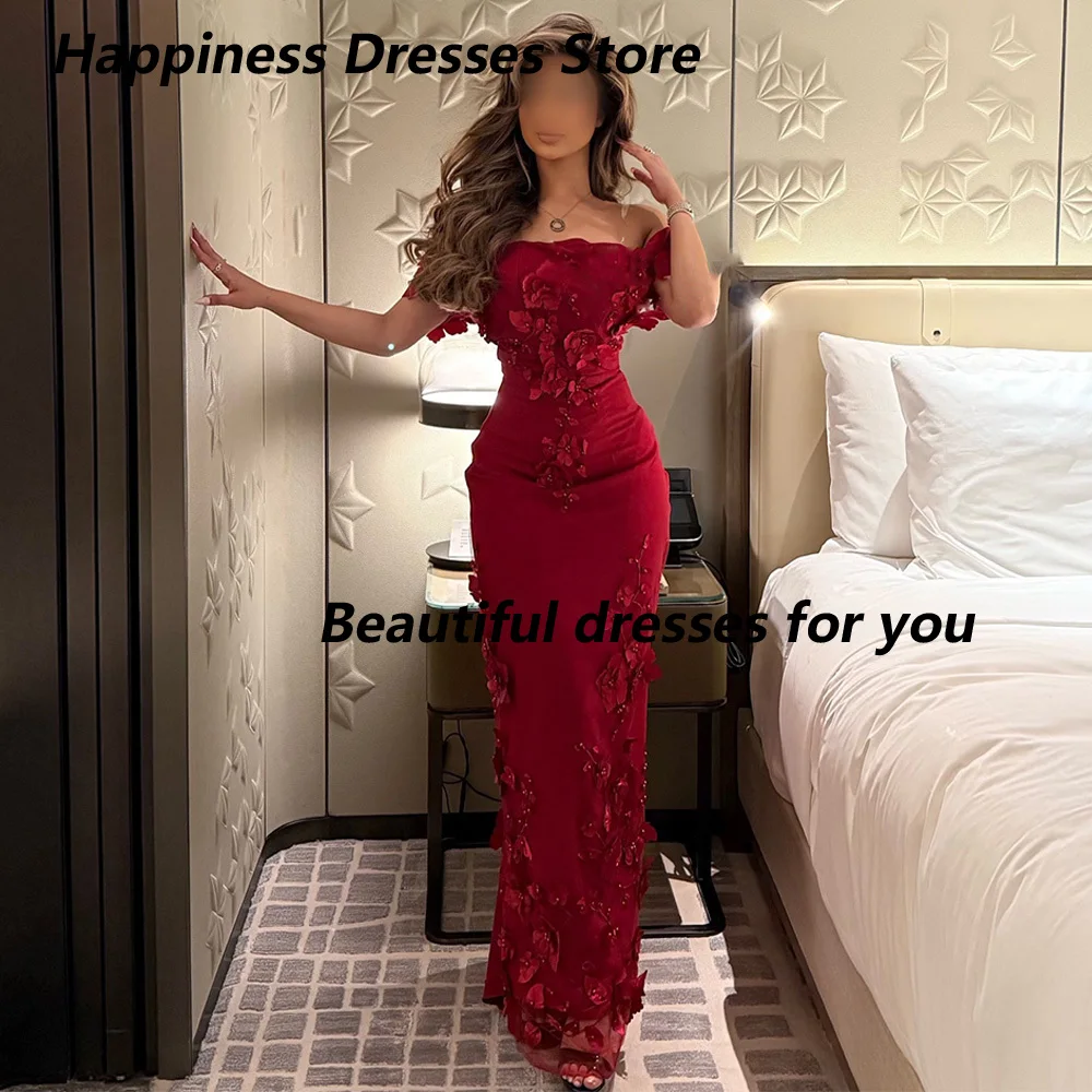 

Red Evening Dress Customized Off The Shoulder Pearls Flowers Sweep Train Mermaid Prom Gowns فساتين سهرة Formal Party Dresses
