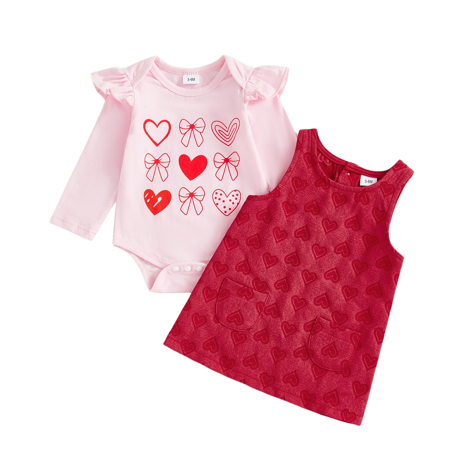 

Toddler Girl Valentine s Day Heart Print Long Sleeve Romper and Overall Dress 2 Piece Spring Outfit Set with Ruffles