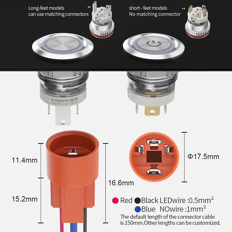 LANBOO 16mm High current 16A high-power MetalPush Button Switch 12V110V 24V 220V LED light latching