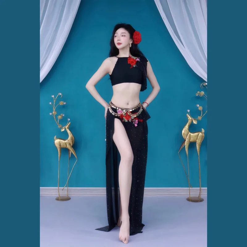 Trajes de danza del vientre personalizados, traje de práctica, Top de malla de diamante resistente, falda larga, conjunto negro, cadena de cintura dorada y plateada