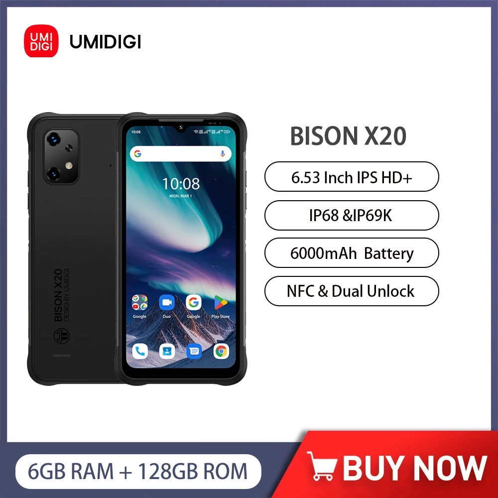 

UMIDIGI BISON X20 Rugged smartphone Android 13 MTK Helio P60 Octa-Core 6GB 128GB Mobile Phone 6.53" HD 6000mAh 4G Cellphone NFC