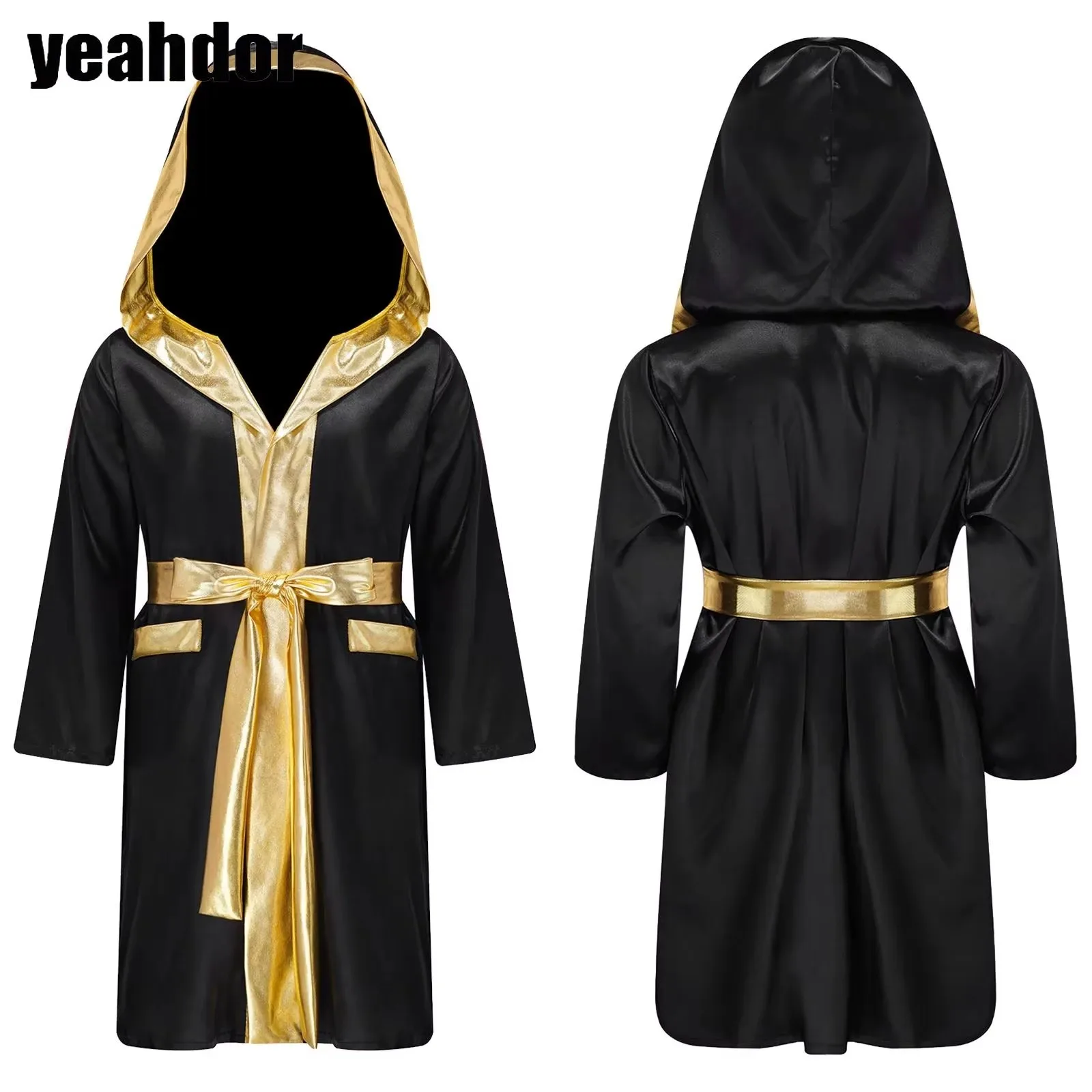 

Girls Boys Boxing Robe Satin Hooded Robe Cloak Long Sleeve Open Front Kickboxing Gowns Fight Thai Jogger Uniform Halloween Party