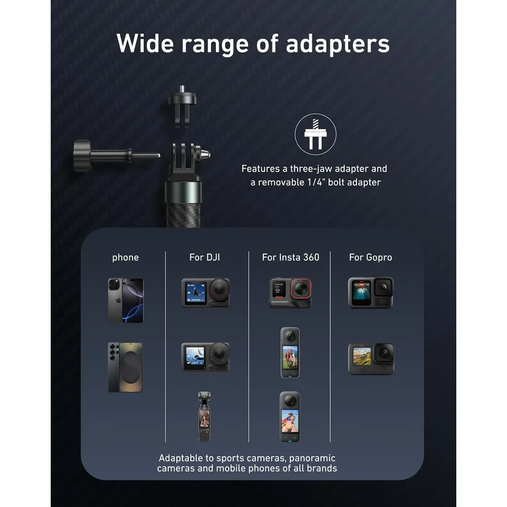 TELESIN Selfie Stick 1.2m Long Pole Carbon Fiber Waterproof Extension Monopod for GoPro 13 12 11 Insta360 X5 X4 Ace Pro DJI Osmo