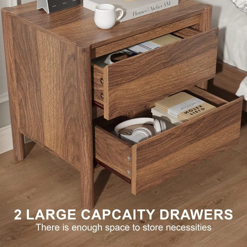 2 Pcs Nightstand Sets for Bedroom,Walnut Farmhouse Bedside Tables with 2 Drawers and 4 Sturdy Solid Wood Legs,Multifunctional W - view 3