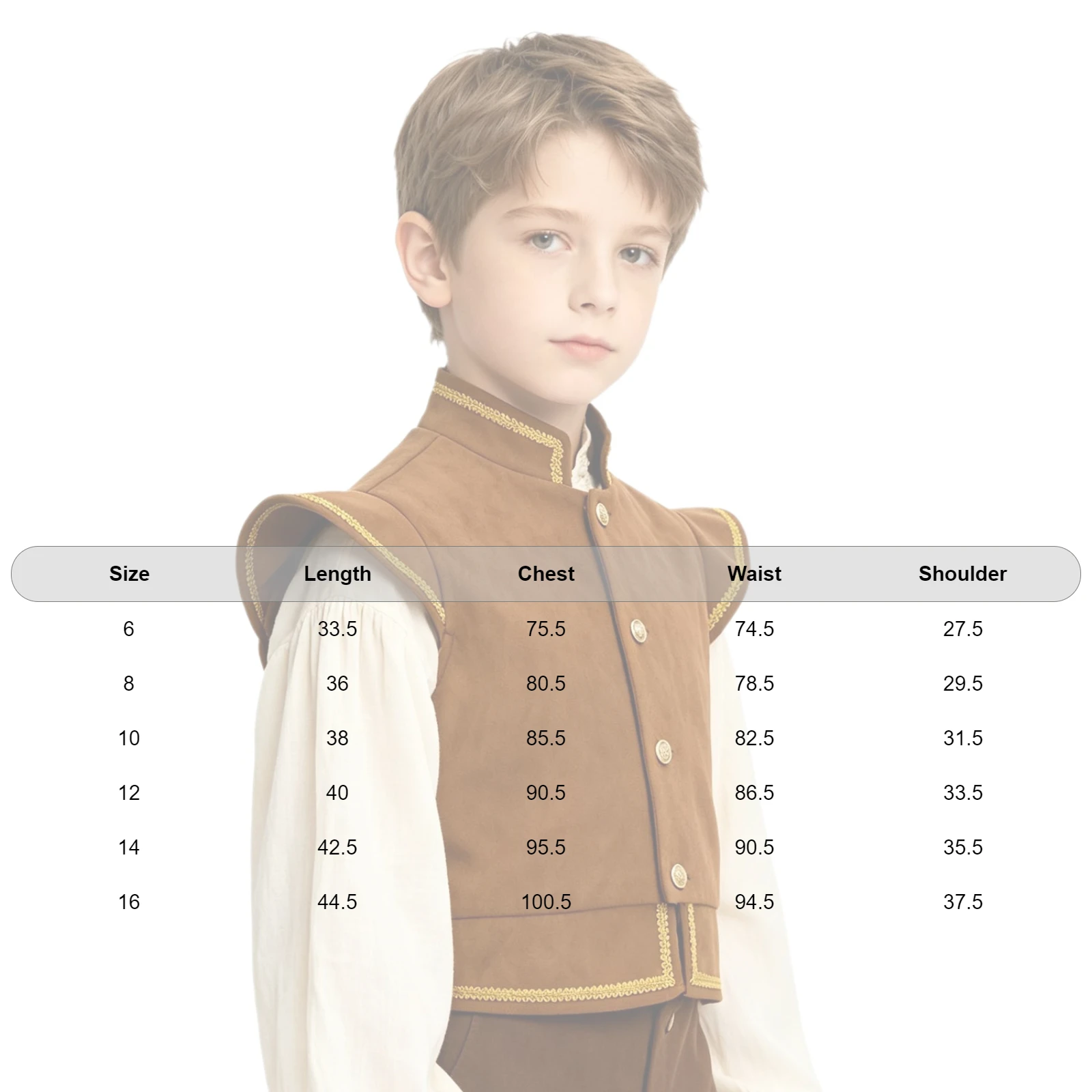 Kids Boys Medieval Renaissance Costume Prince Faux Suede Waistcoat Cap Sleeve Button Gold Trim Vest  for Halloween Theme Party view 5