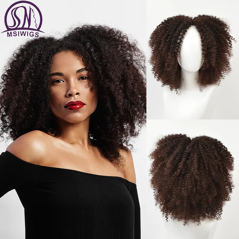 MSIWIGS Brown Synthetic Kinkly Curly Wigs for Women Ombre Blonde Pink Red Short Afro Wig African American Black Middle Part Hair