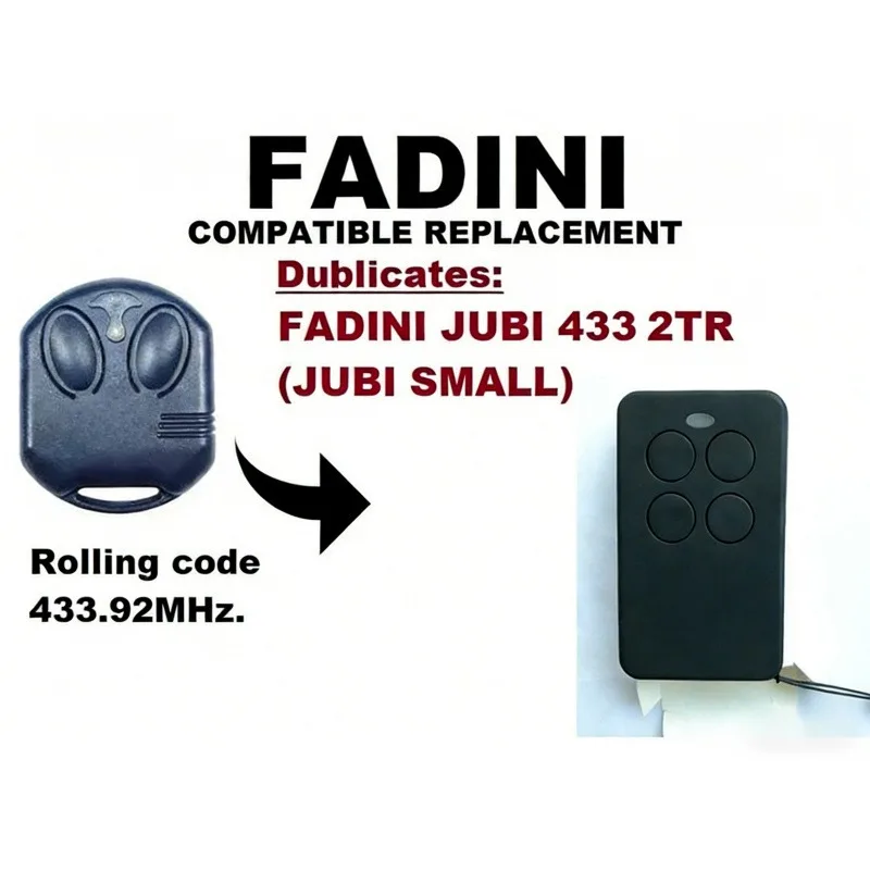 FADINI 433MHz Rolling Code Remote Control Garage Door Opener FADINI JUBI 433-2 JUBI 433-4 JUBI 433-2TR Handheld Transmitter