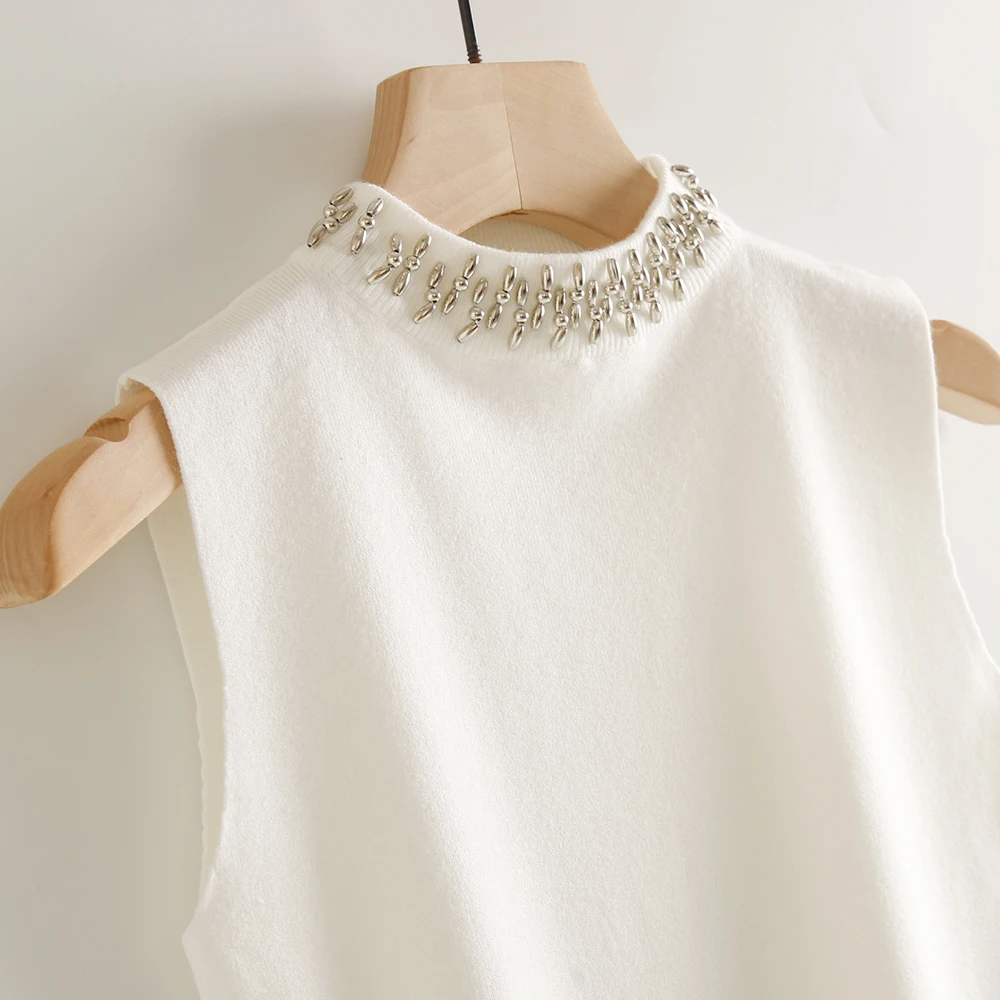 

Vintage Beaded Knitted Vest for Women, Solid O-Neck, Sleeveless, Elegant Pulls Tops, Female Tees, Summer