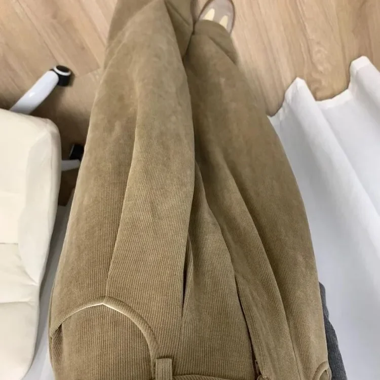 الكاكي بنطال ذو قصة أرجل واسعة المرأة الخريف الشتاء جديد الأمريكية عالية الخصر التخسيس الورك تغطي فضفاض سروال قصير غير رسمي