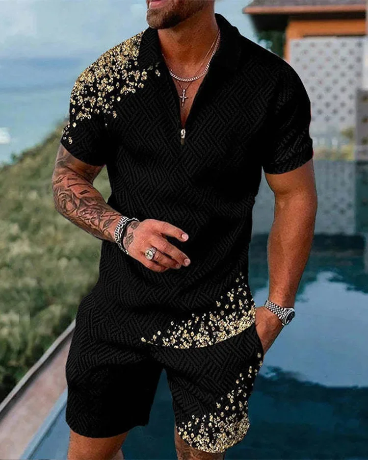 Street luxury Polo shirt zipper collar suit 3D tassel ink printing men's sportswear fashion two-piece suit niche men's clothing