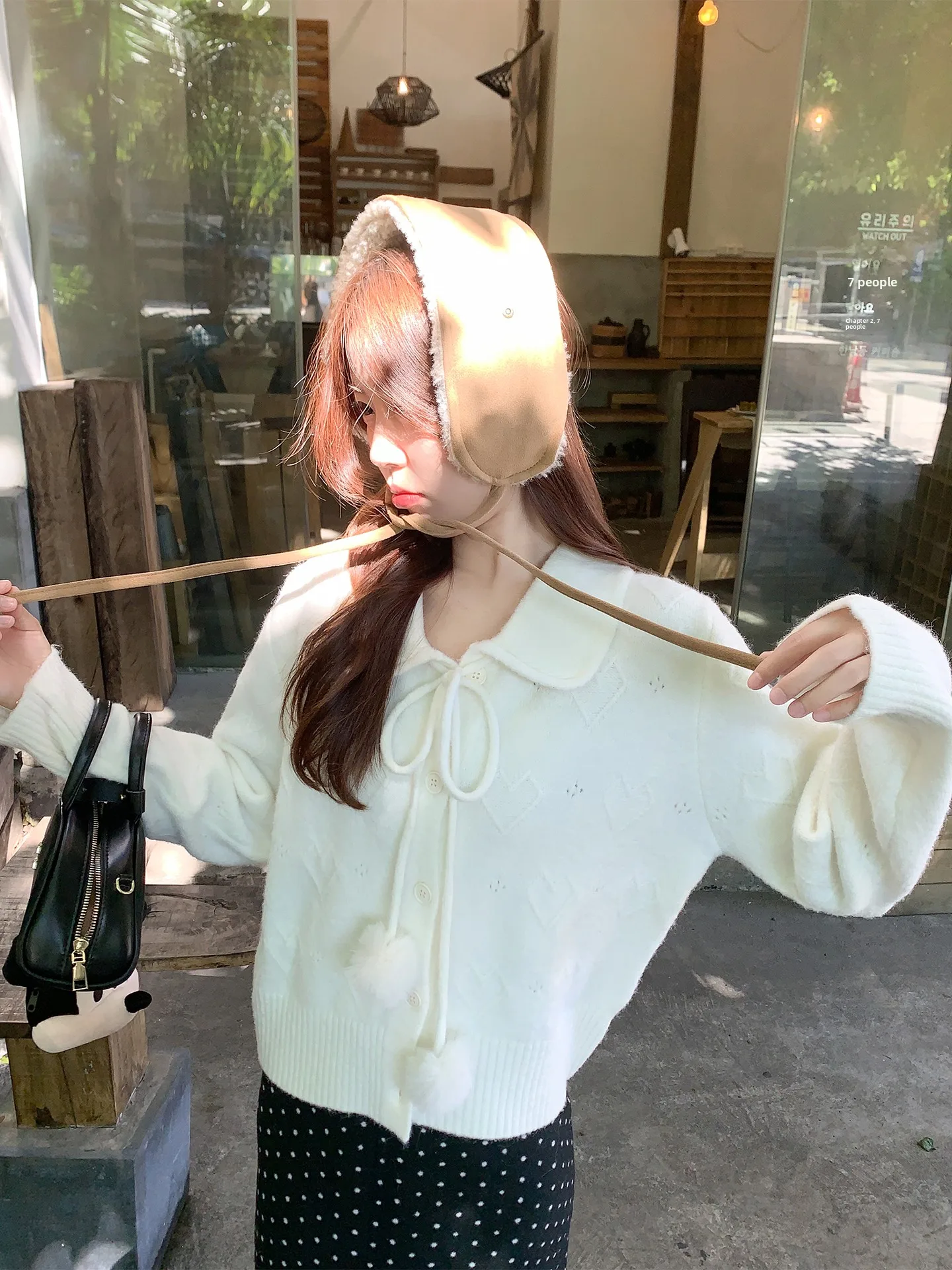 

White Doll Collar Knitted Sweater Coat Women's Autumn Winter Lazy Sle Loose Fit Long Sve Top Single Button Closure ...