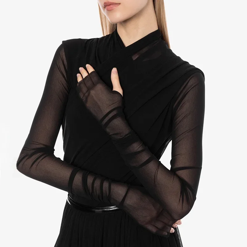 

Sexy See-Through Mesh Button Bodysuit Streetwear Fashion Slim Fit Long Sleeve Solid T-Shirt Backless Cross Pleats Women Clothes