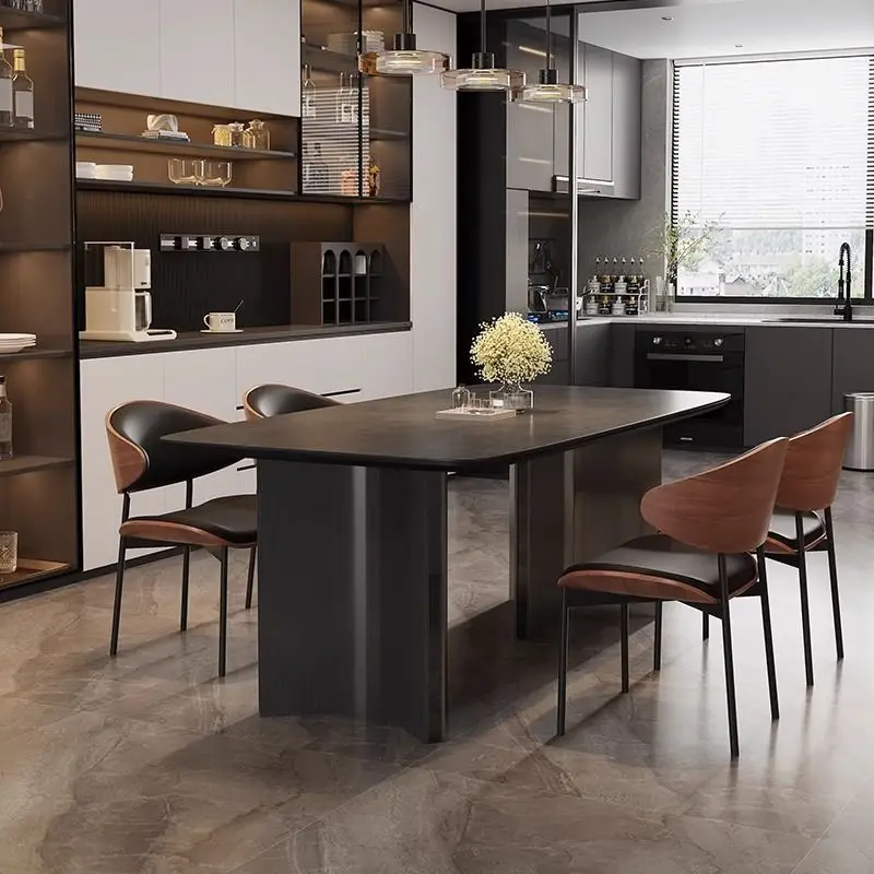 Mesa de jantar e cadeira de laje de rocha combinação italiana suporte completo placa de base de aço inoxidável moderno e minimalista casa luz luxo