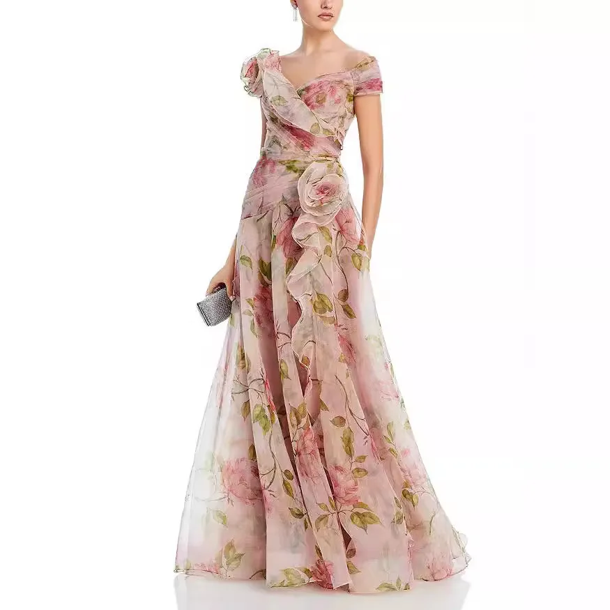 Banquet Prom Dresses For Women 2025 Pink 3D Floral Print Birthday Party Elegant Strapless A Line Ruched Long Evening Gown Fairy