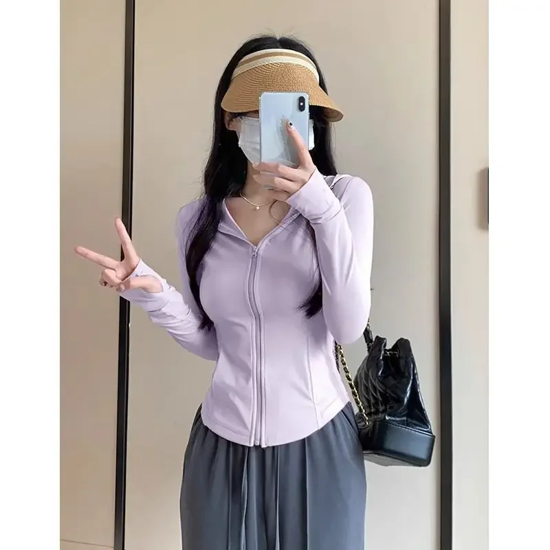 

NICE Summer Ice Silk Women's Slim Fit Yoga Outerwear Sun Protection Fashionable Waist-Cinching Base Layer Hooded Top