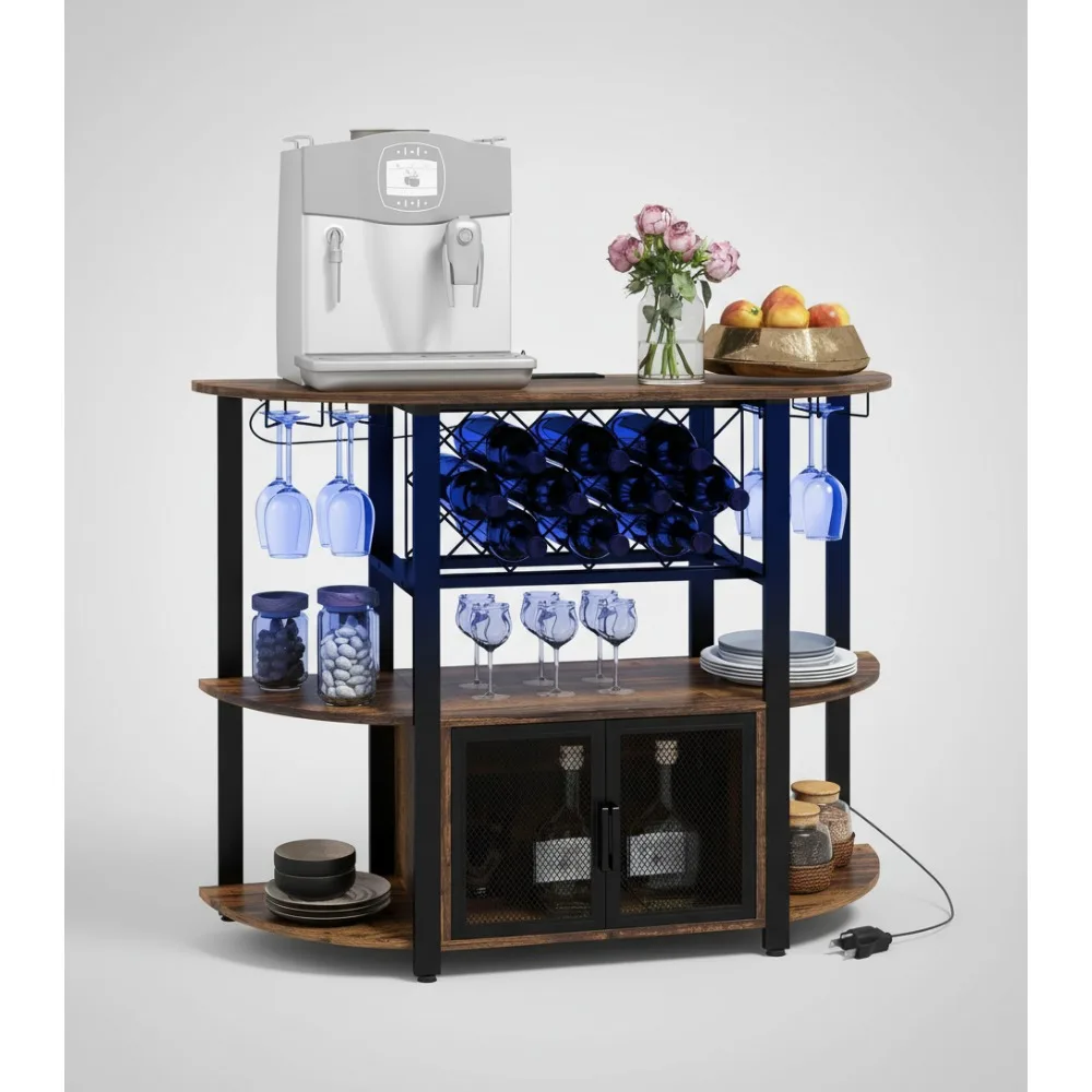 

Промышленный шкаф для винного бара со светодиодной подсветкой и зарядной станцией, стойкой для 10 бутылок, стеклянными держателями для домашнего бара