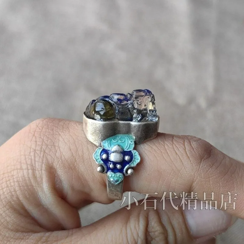 

Vintage Pixiu Ring with Antique Recycle Patina, Inlaid Color Changing Gemstone Adjustable Collectible Finger Jewelry