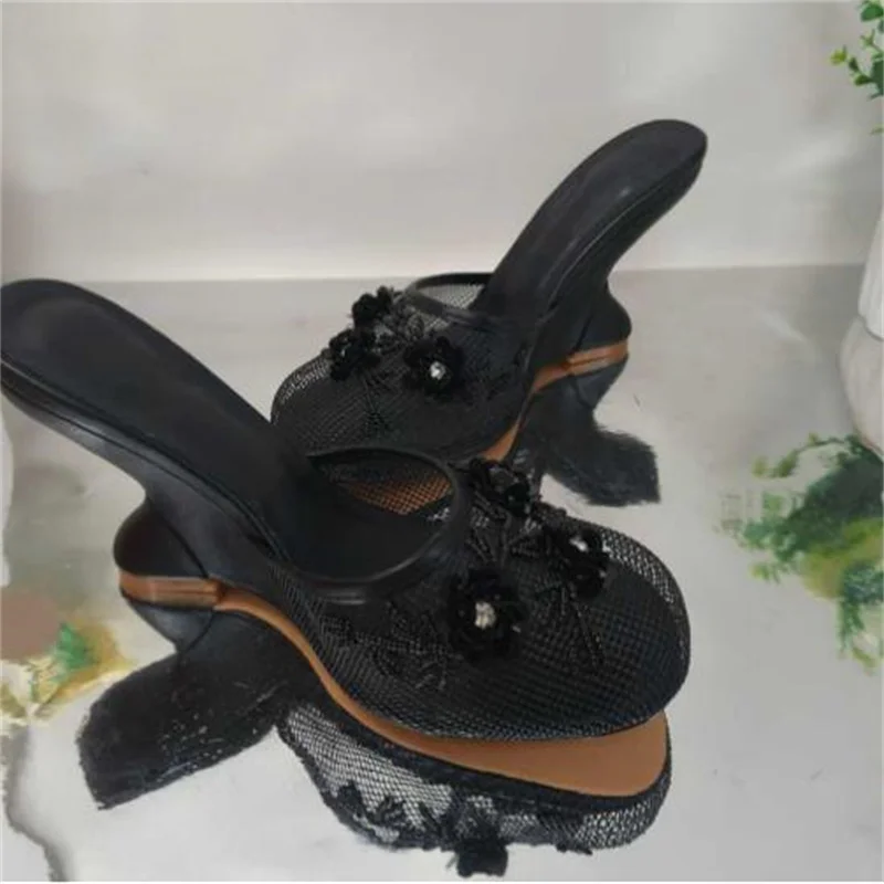 

Mesh Shoes for Women Round Toe High Heels Flower Chassure Femme Solid Tacones Rhinestones Zapatos De Mujer Sewing Lines Ladies