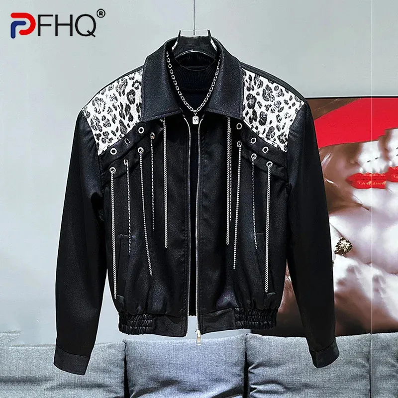 PFHQ American Metal Chain Decoration Design Trend Short Jacket New Men\'s Fashion Splicing 2024 Contrast Color Male Tops 21Z5805