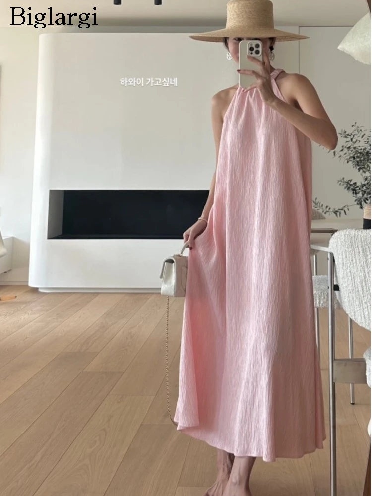 

Summer Pink Sleeveless Dress Women Ruffle Pleated Loose Korean Style Fashion Sweet Ladies Dresses O-Neck Woman Dress