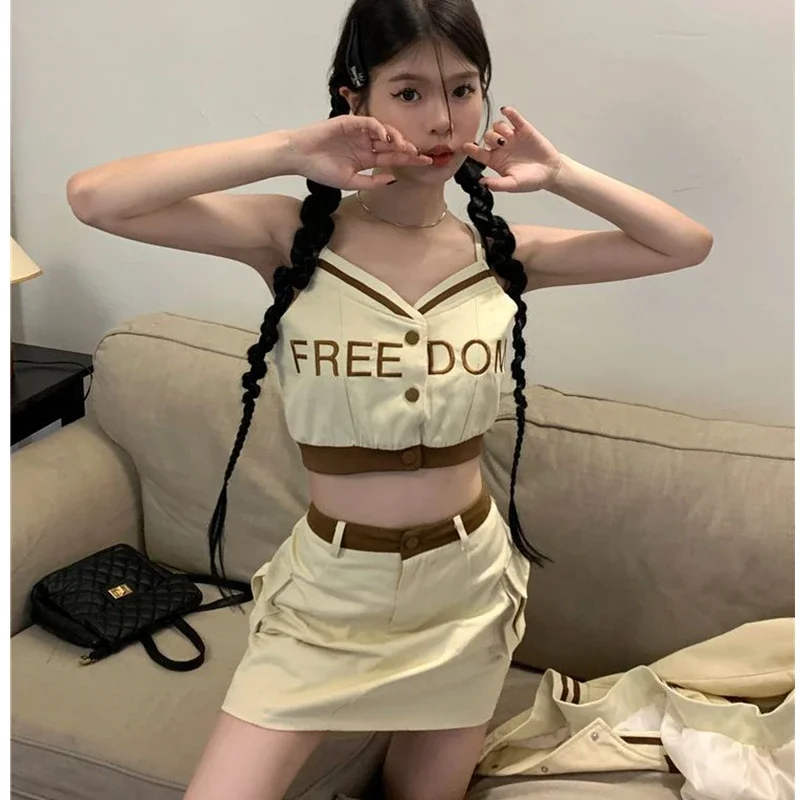 Baseball Uniform 2024 Spring Summer Short Jacket Letter Vest Crop Top Mini Skirts 1 or Three Pirce Set Fashion Coat Sling Outfit