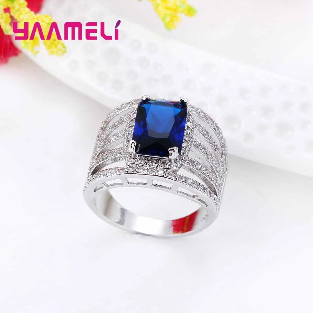 Top Selling Charming Shiny Blue Lucky Crystal Stone Ring Banquet Woman Jewelry 925 Sterling Silver For Wedding Prom