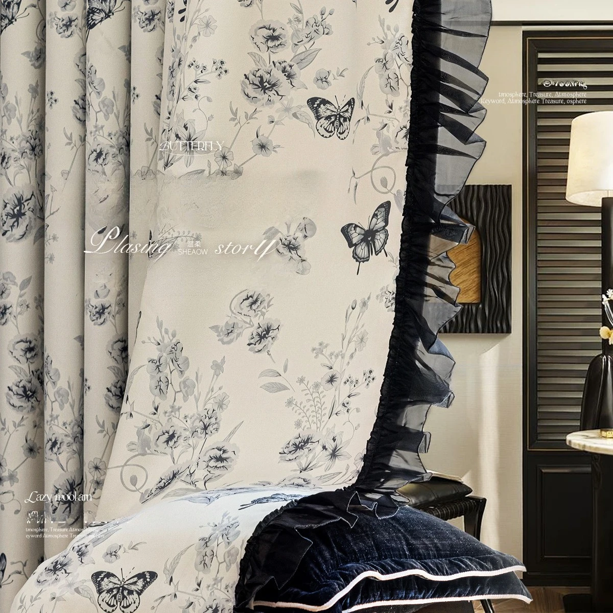 

French lace living room curtains blackout 2024 new bedroom high-end American light luxury print chenille retro