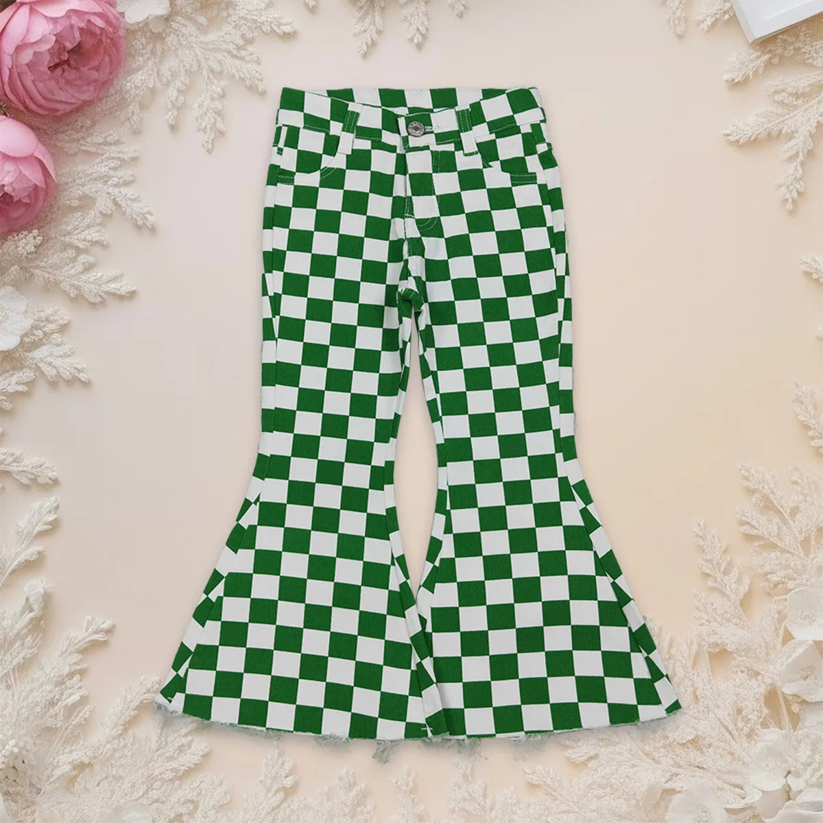 

Factory Baby Girl Denim Bell Bottom Pocket Pants Trousers Kids Jeans Children Toddler Green White Checkered Clothing Wholesale