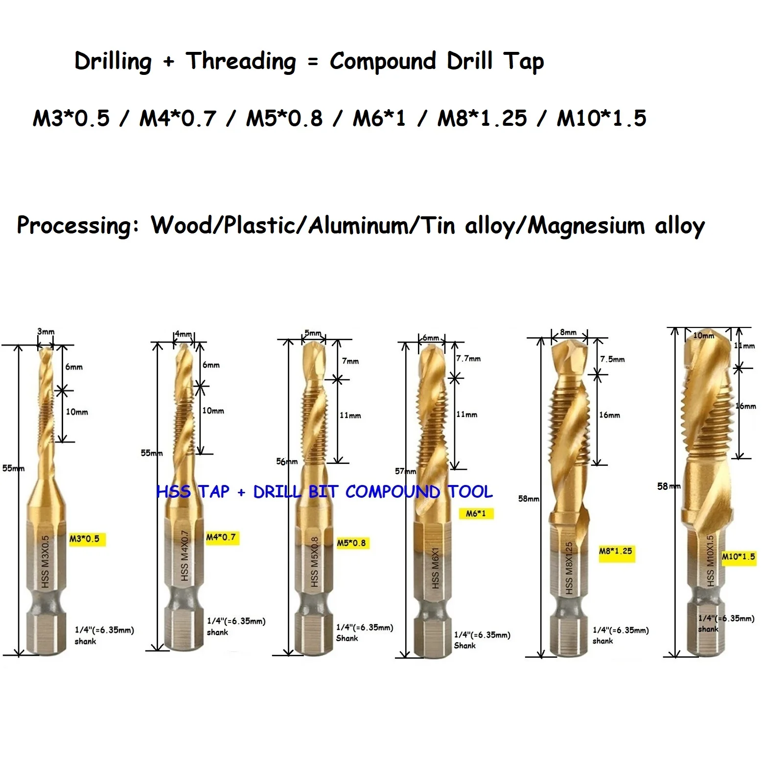 M3-M10 Hex Shank Titanium Plated HSS Screw Thread Metric Tap Drill Bits Screw Machine Compound Thread Hand Tools