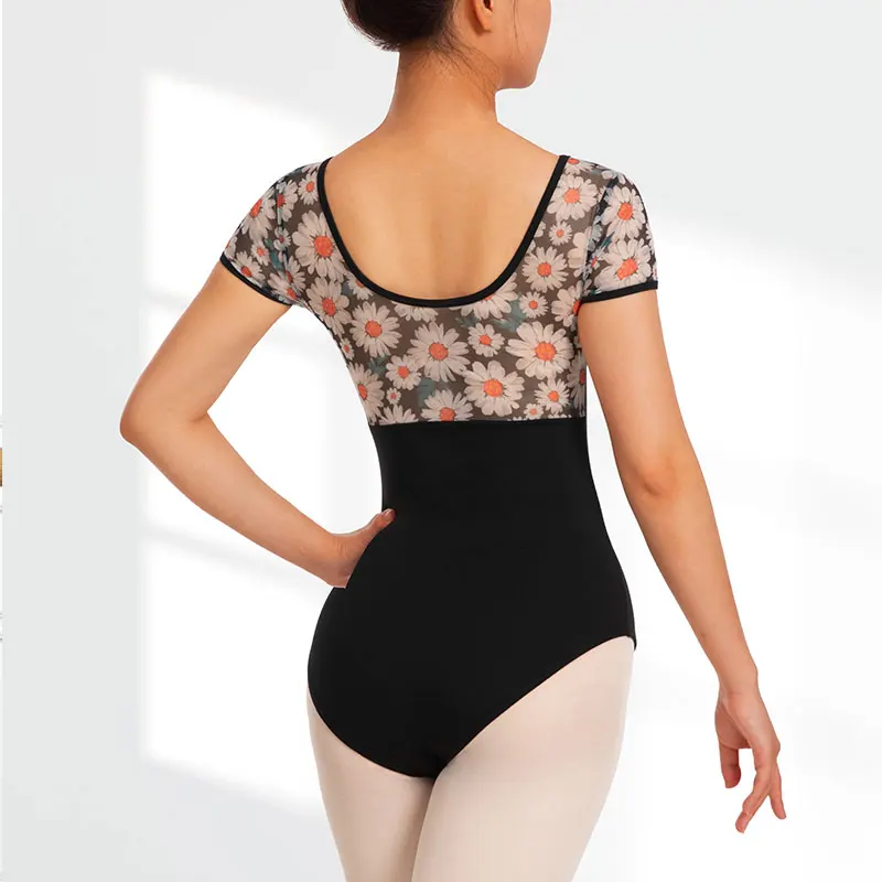 Leotardo de Ballet de malla elástica duradera de manga corta para mujer, escote corazón, ropa de Ballet con forro frontal suave en el pecho