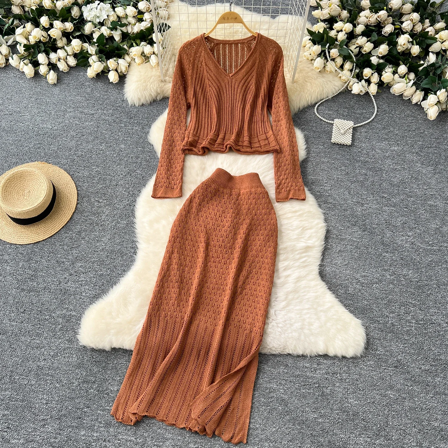 Chic Two-piece Sets Sweet Basics V-neck Hollow Out Long Sleeve Knit Top and High Waist Split Skirt High Street Women Clothing