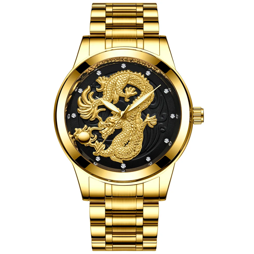 Top Brand Watch Men\'s Waterproof Luminous Gold Quartz Ultra Thin Stainless Steel Dragon Pattern Sports Watch Relogio Masculino