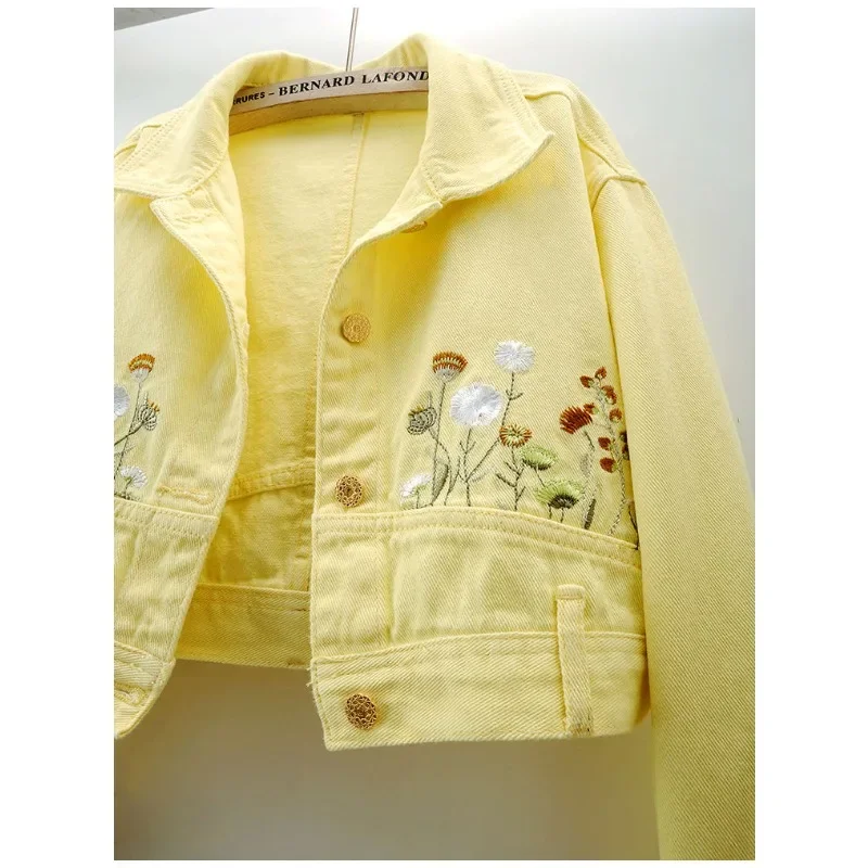 Spring Autumn Floral Embroidery Long Sleeve Denim Coat Women Crop Jackets Vintage Bomber Jacket Short Jacket Design Tops Chic