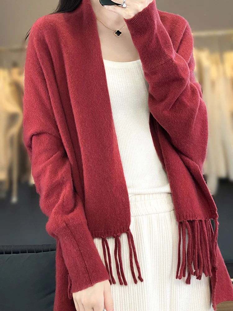 Luxury 100% Merino Wool Women\'s Tassel Poncho Shawl Thick Sweater Soft Warm Autumn Winter Jacquard Cashmere Knitwear Shawl